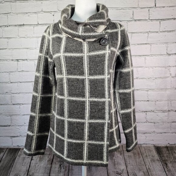 ELLEN TRACY WOMENS GRAY WHITE PLAID COWL NECK ONE BUTTON SWEATER CARDIGAN MED - Picture 1 of 9